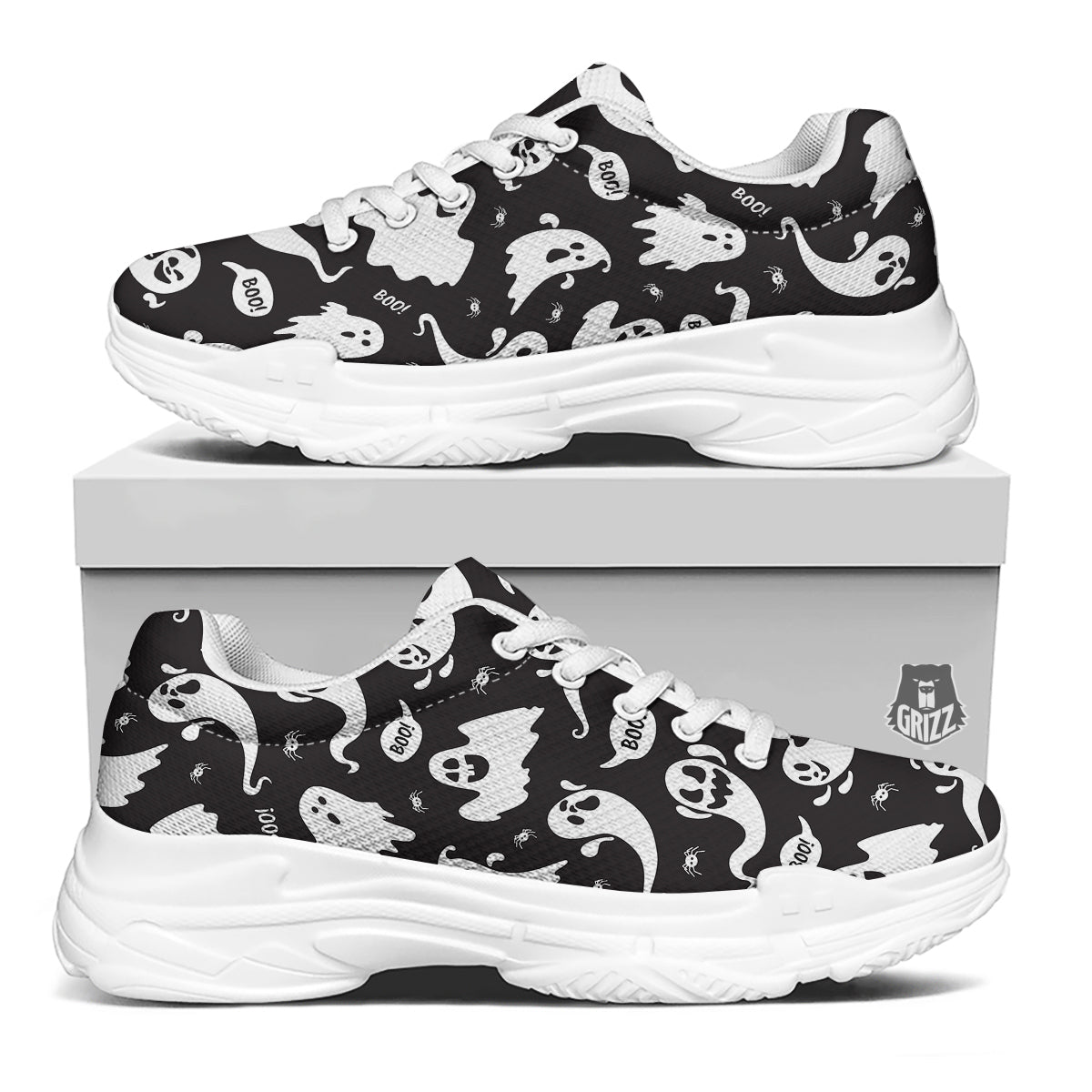 White Ghost Print Pattern White Chunky Shoes-grizzshop