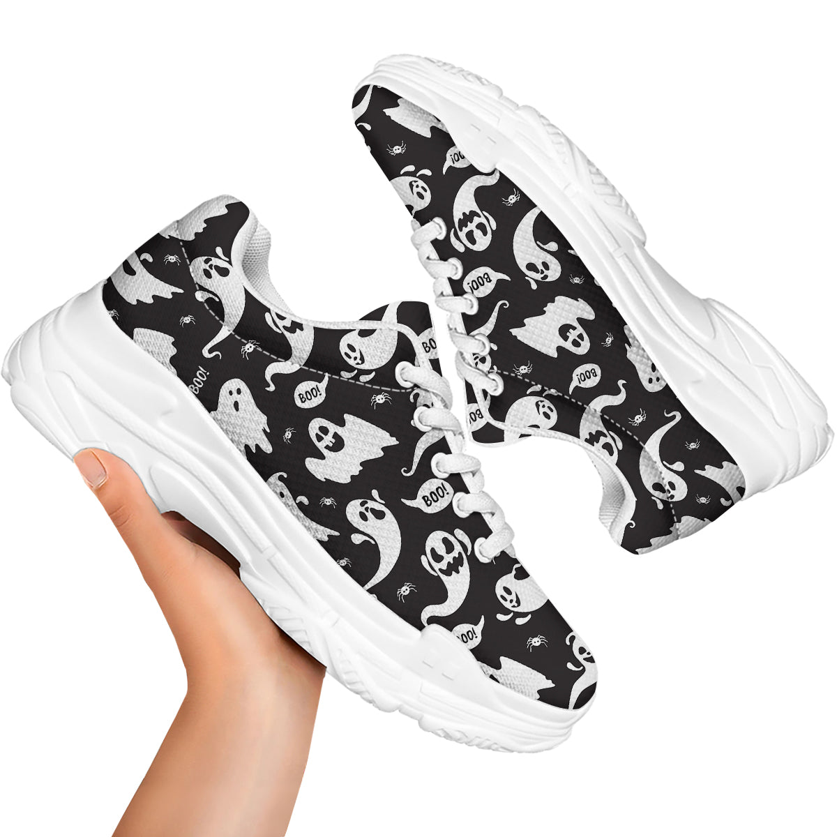 White Ghost Print Pattern White Chunky Shoes-grizzshop