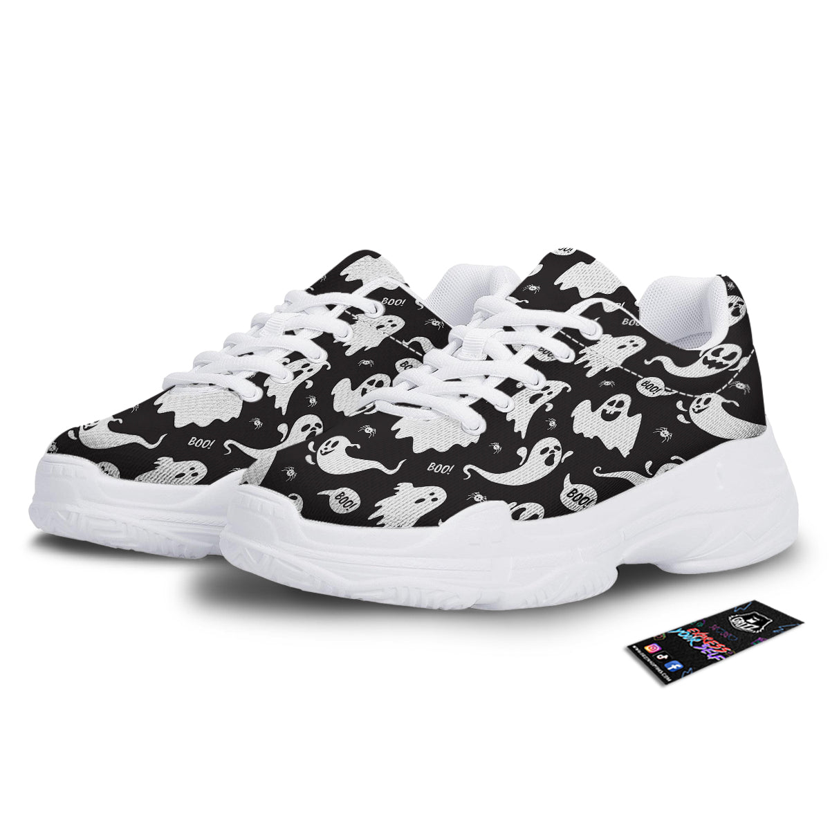 White Ghost Print Pattern White Chunky Shoes-grizzshop