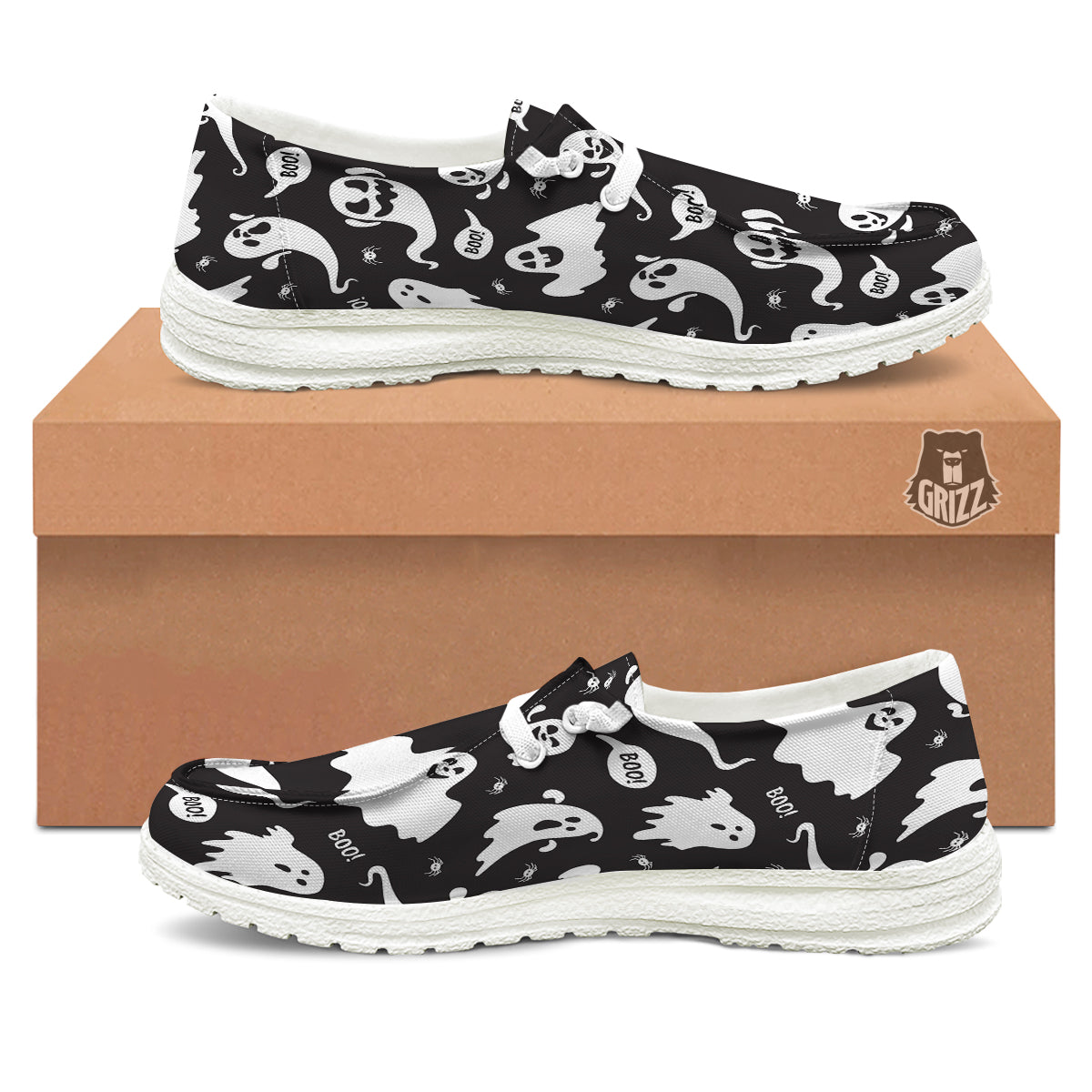 White Ghost Print Pattern White Loafers-grizzshop