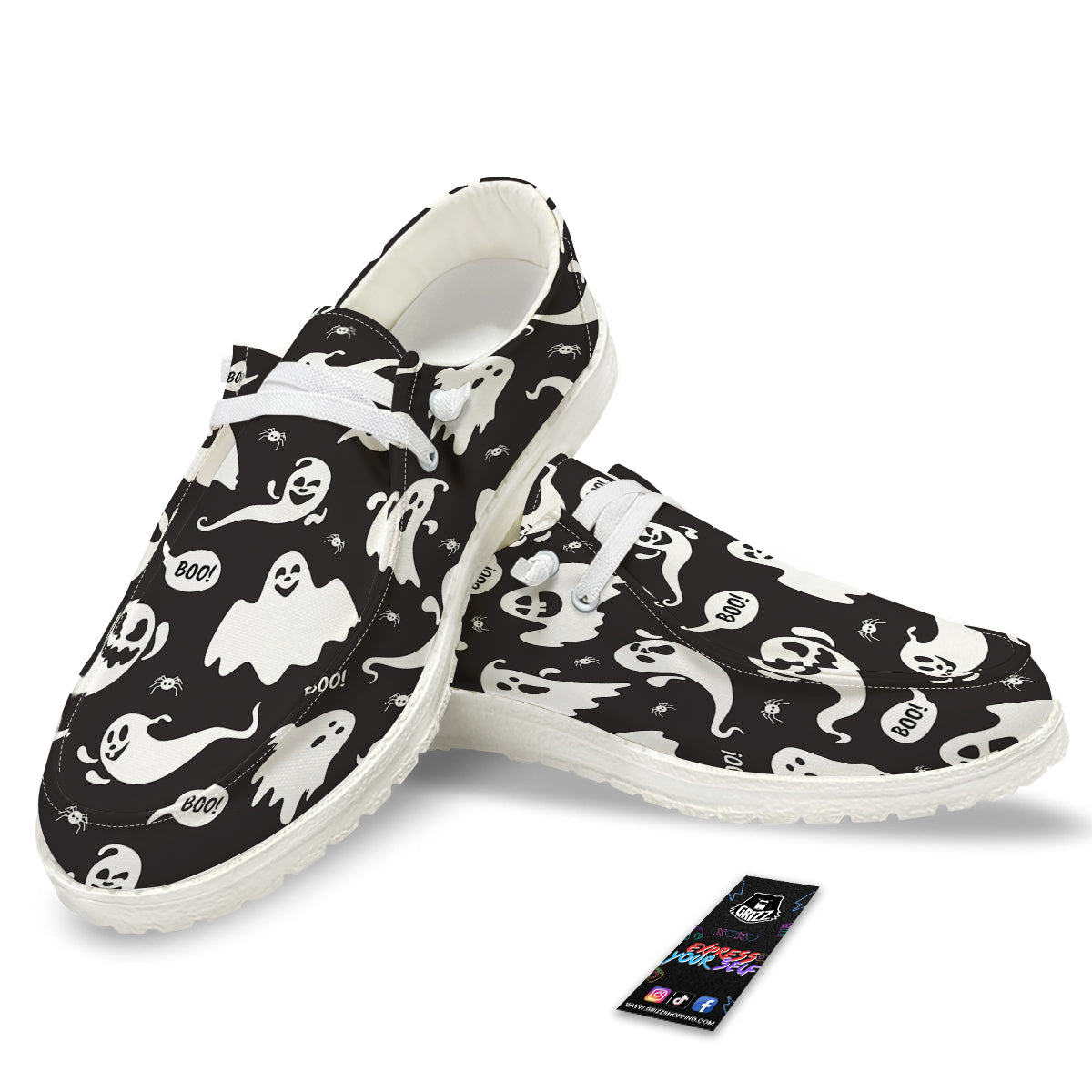 White Ghost Print Pattern White Loafers-grizzshop