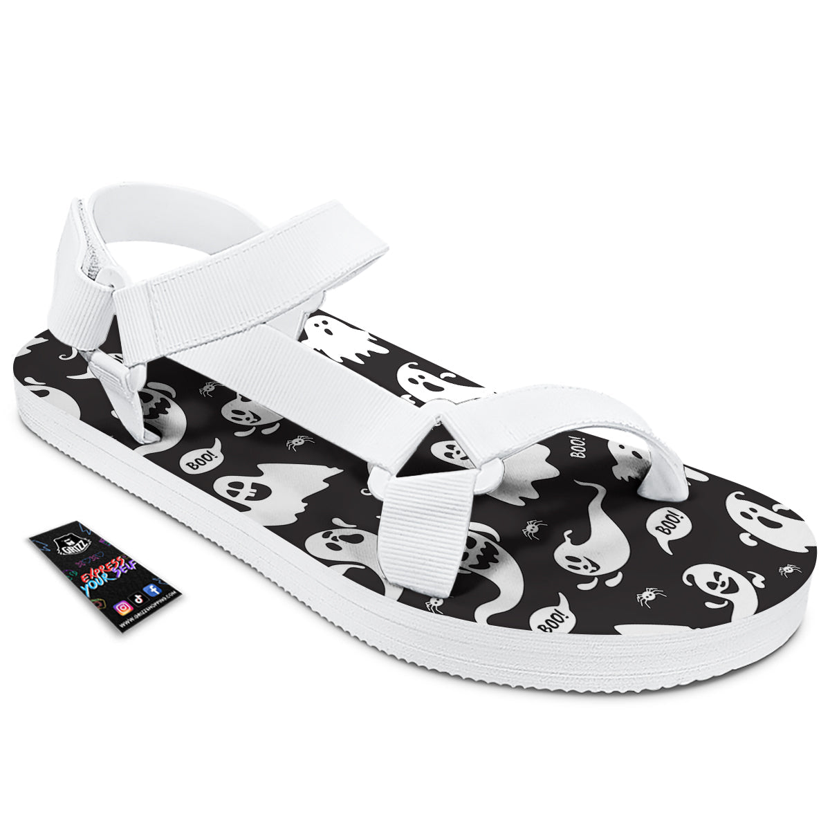 White Ghost Print Pattern White Open Toe Sandals-grizzshop