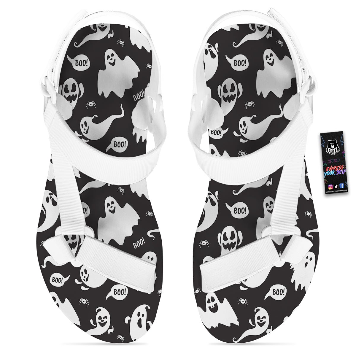 White Ghost Print Pattern White Open Toe Sandals-grizzshop