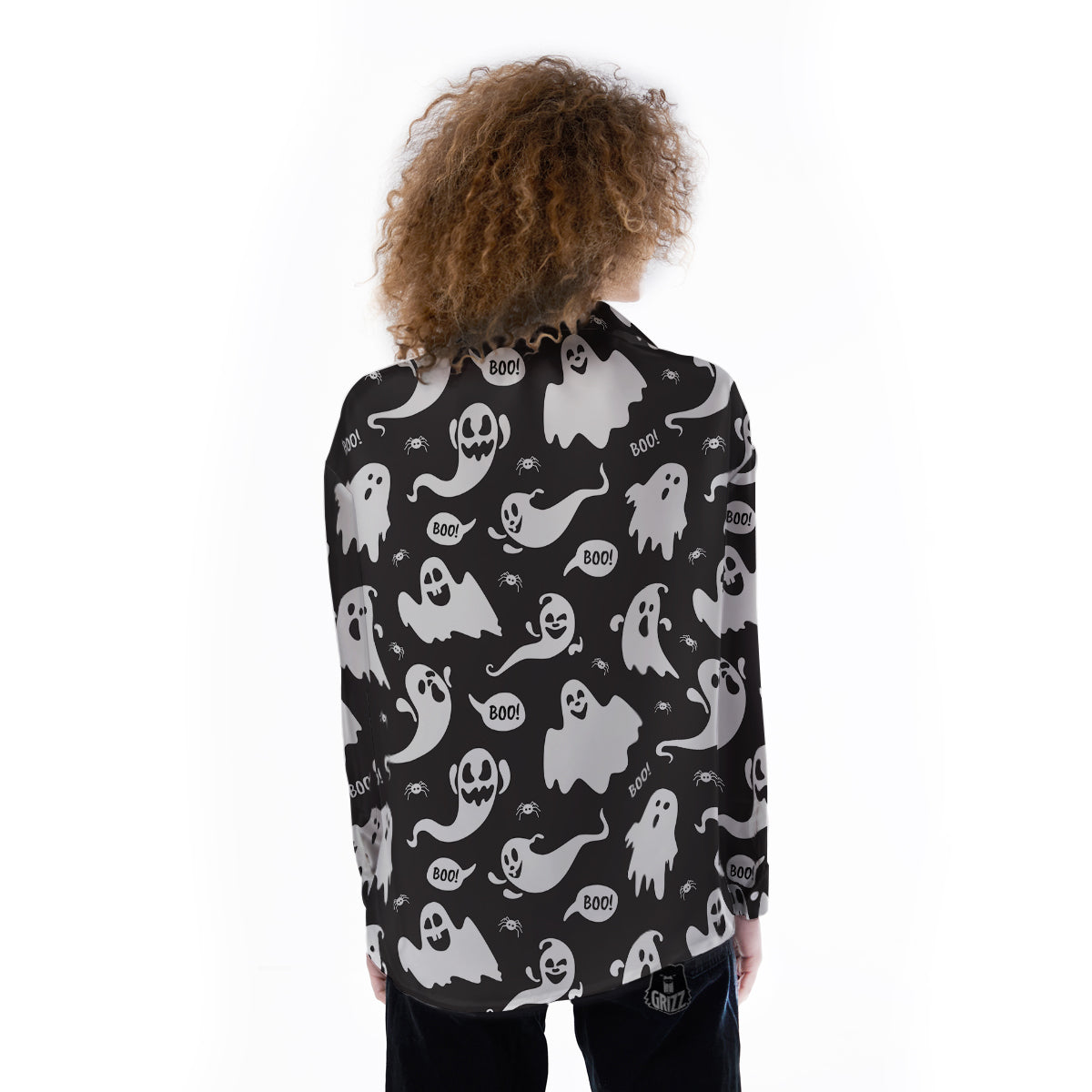 White Ghost Print Pattern Women's Long Sleeve Shirts-grizzshop
