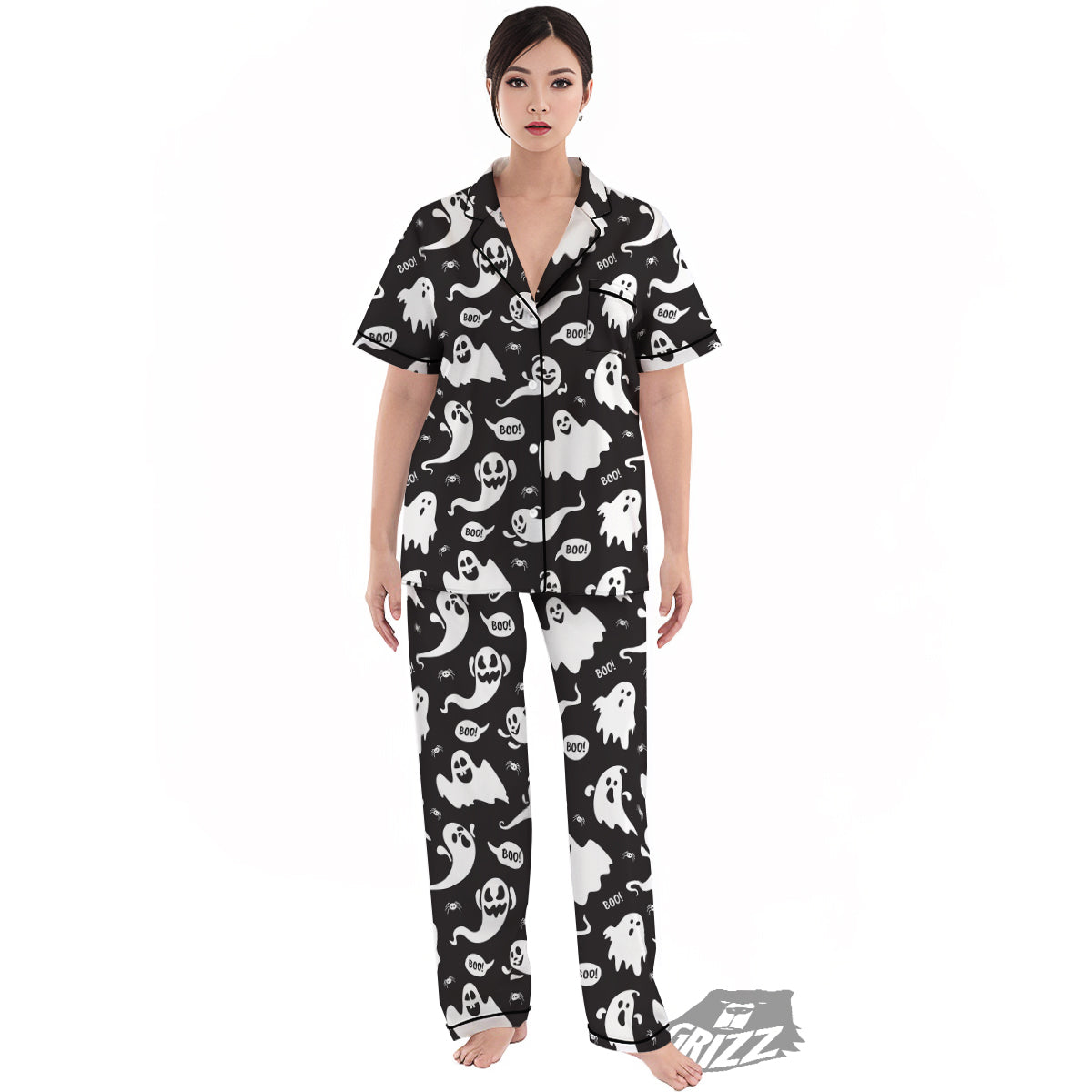 White Ghost Print Pattern Women's Pajamas Set-grizzshop