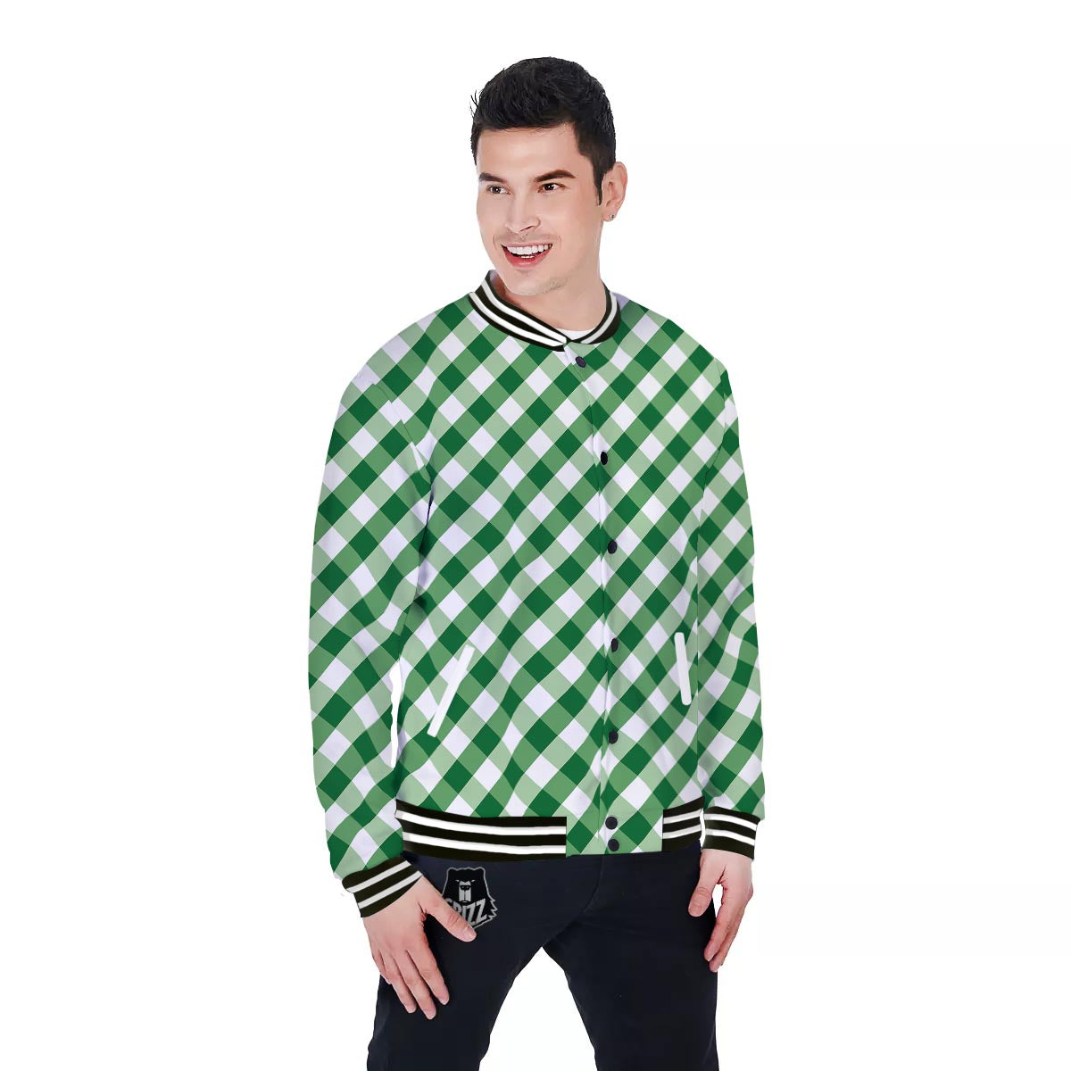 White Gingham And Green Shamrock Print Pattern Baseball Jacket-grizzshop