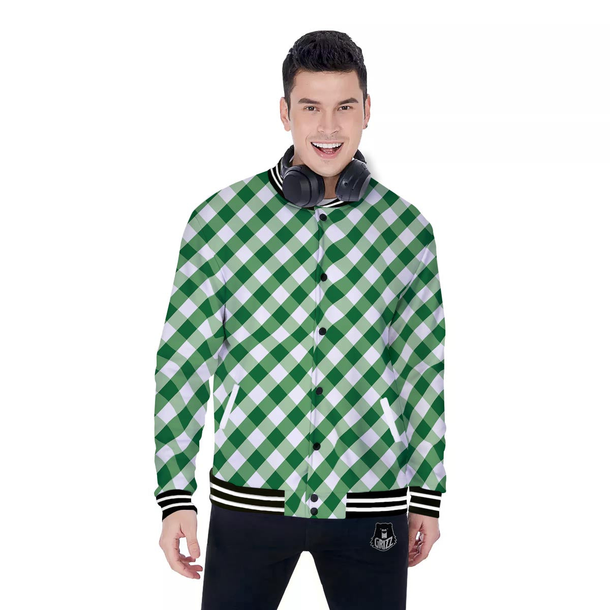 White Gingham And Green Shamrock Print Pattern Baseball Jacket-grizzshop