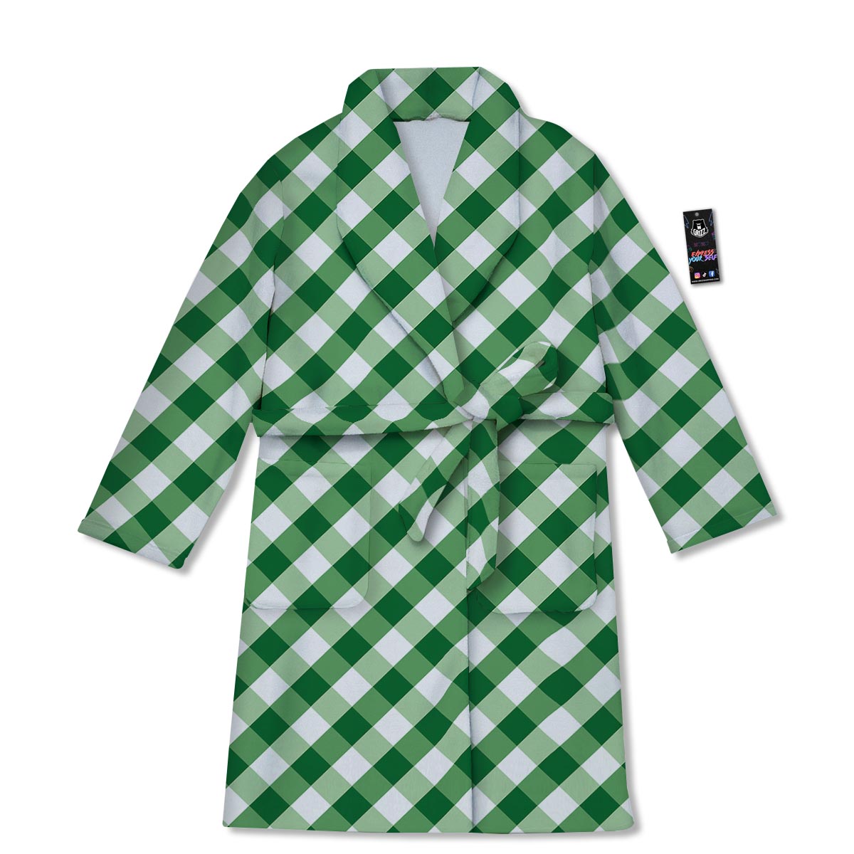 White Gingham And Green Shamrock Print Pattern Bathrobe-grizzshop