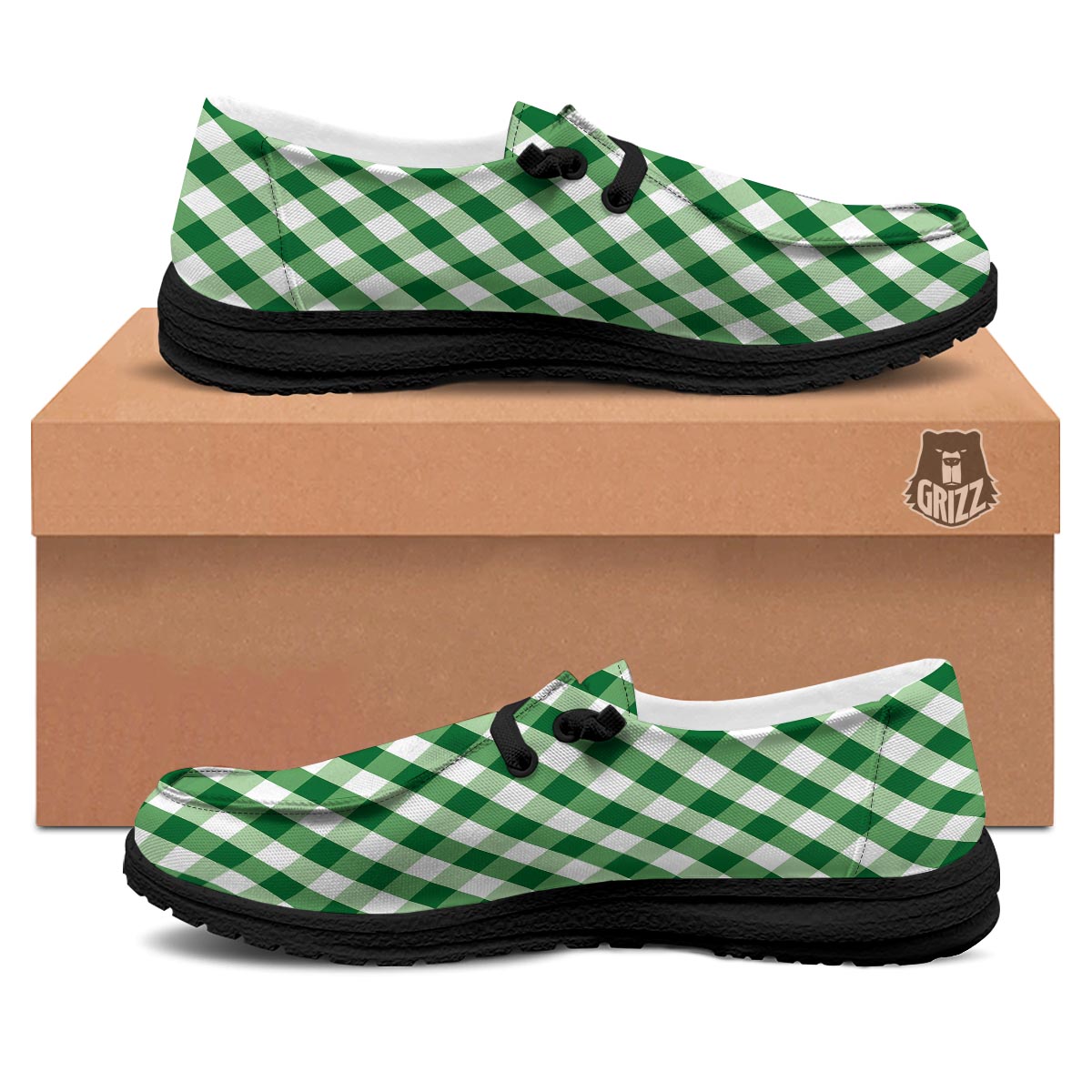 White Gingham And Green Shamrock Print Pattern Black Loafers-grizzshop