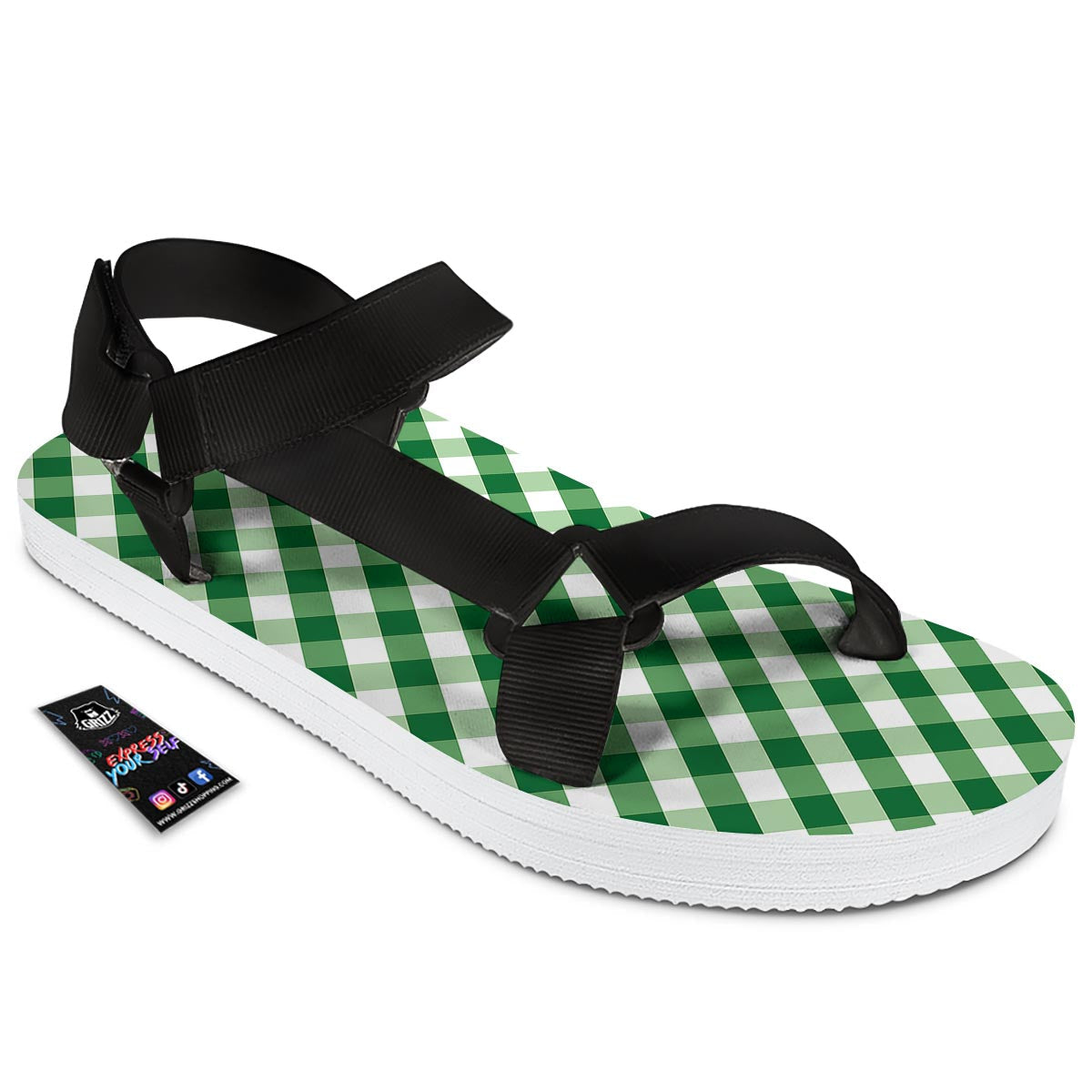 White Gingham And Green Shamrock Print Pattern Black Open Toe Sandals-grizzshop