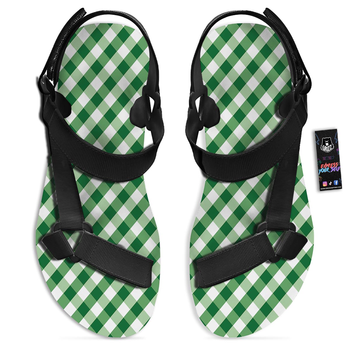 White Gingham And Green Shamrock Print Pattern Black Open Toe Sandals-grizzshop