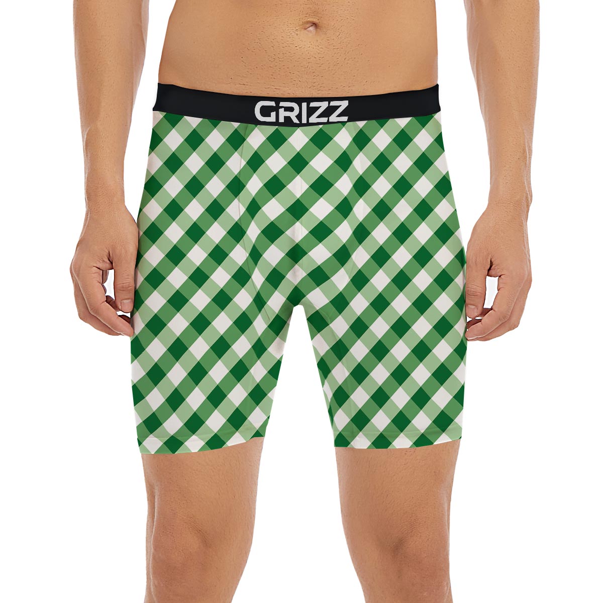 White Gingham And Green Shamrock Print Pattern Boxer Briefs-grizzshop