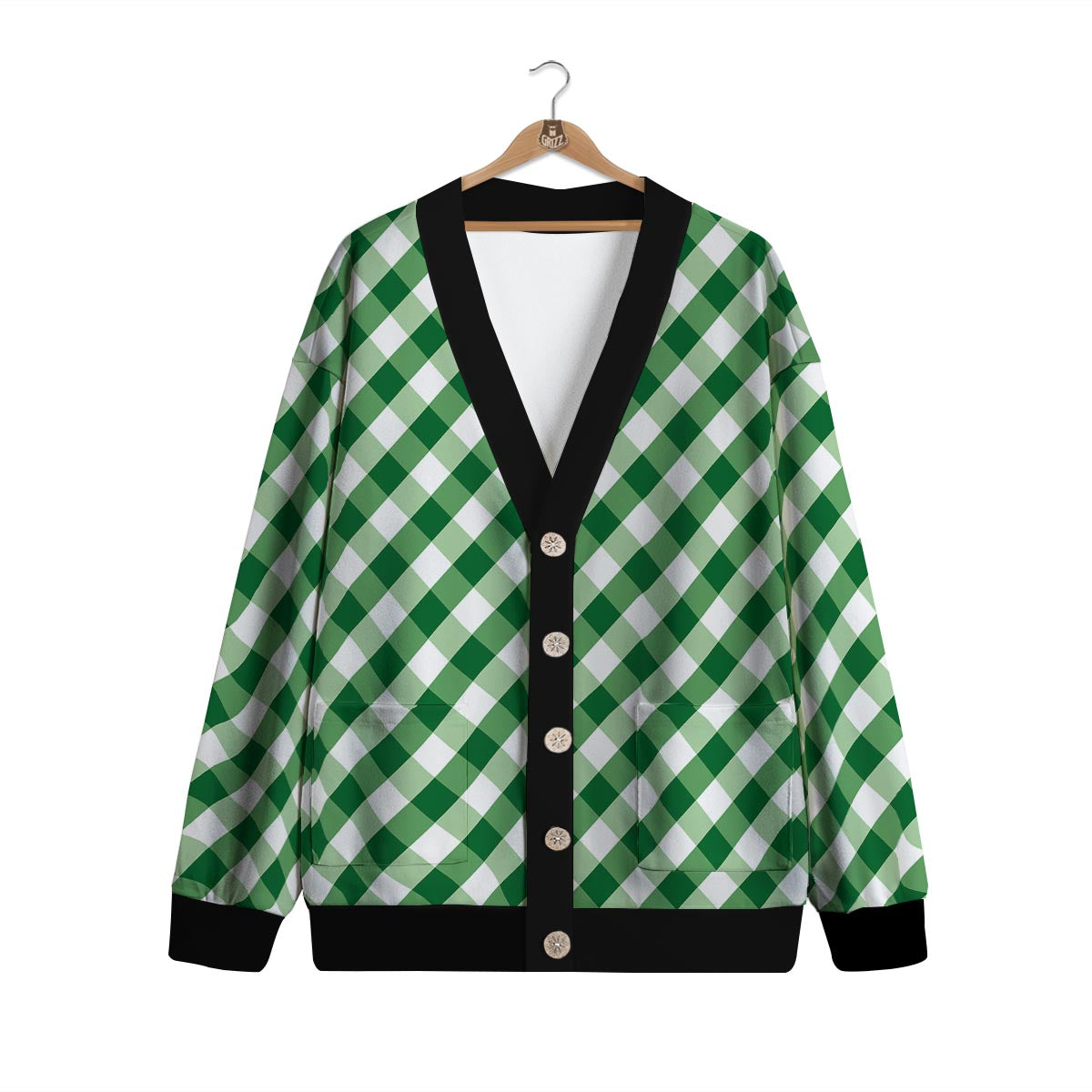 White Gingham And Green Shamrock Print Pattern Cardigan-grizzshop