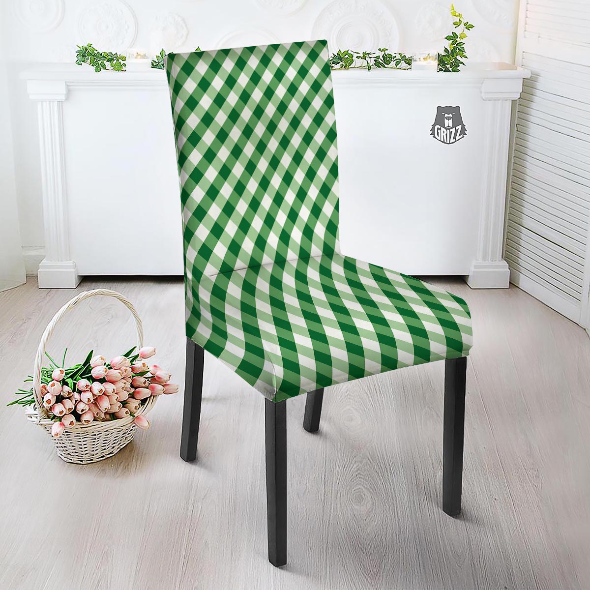 White Gingham And Green Shamrock Print Pattern Dining Chair Slipcover-grizzshop