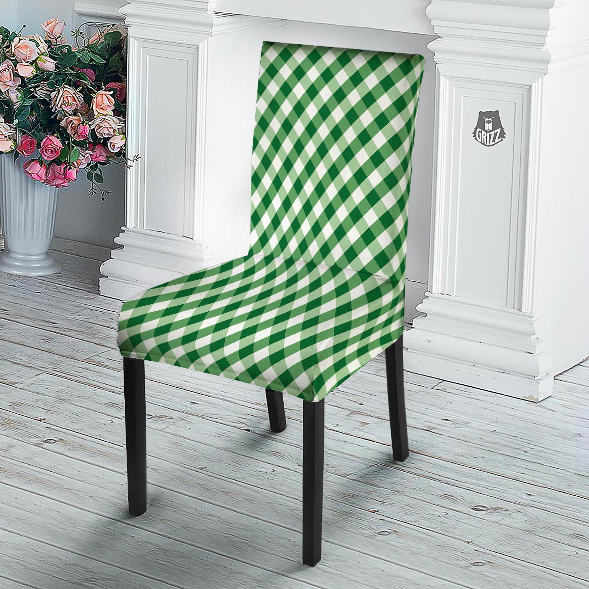 White Gingham And Green Shamrock Print Pattern Dining Chair Slipcover-grizzshop