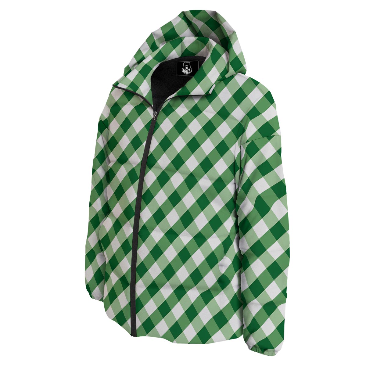 White Gingham And Green Shamrock Print Pattern Down Jacket-grizzshop