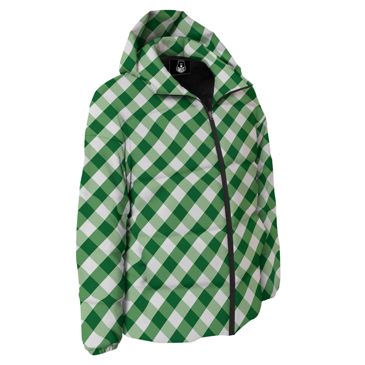 White Gingham And Green Shamrock Print Pattern Down Jacket-grizzshop