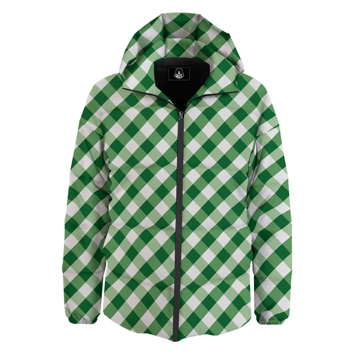 White Gingham And Green Shamrock Print Pattern Down Jacket-grizzshop