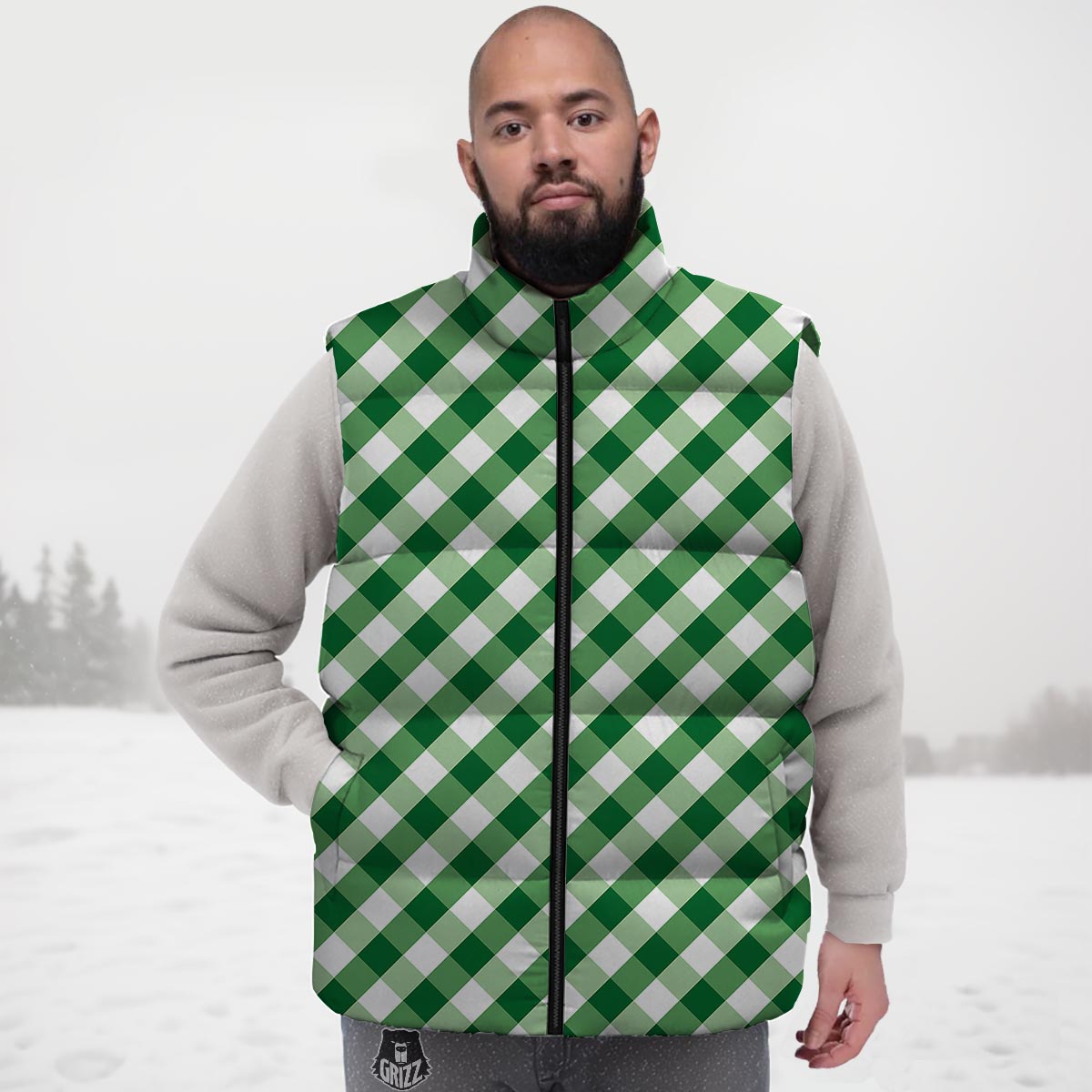 White Gingham And Green Shamrock Print Pattern Down Vest