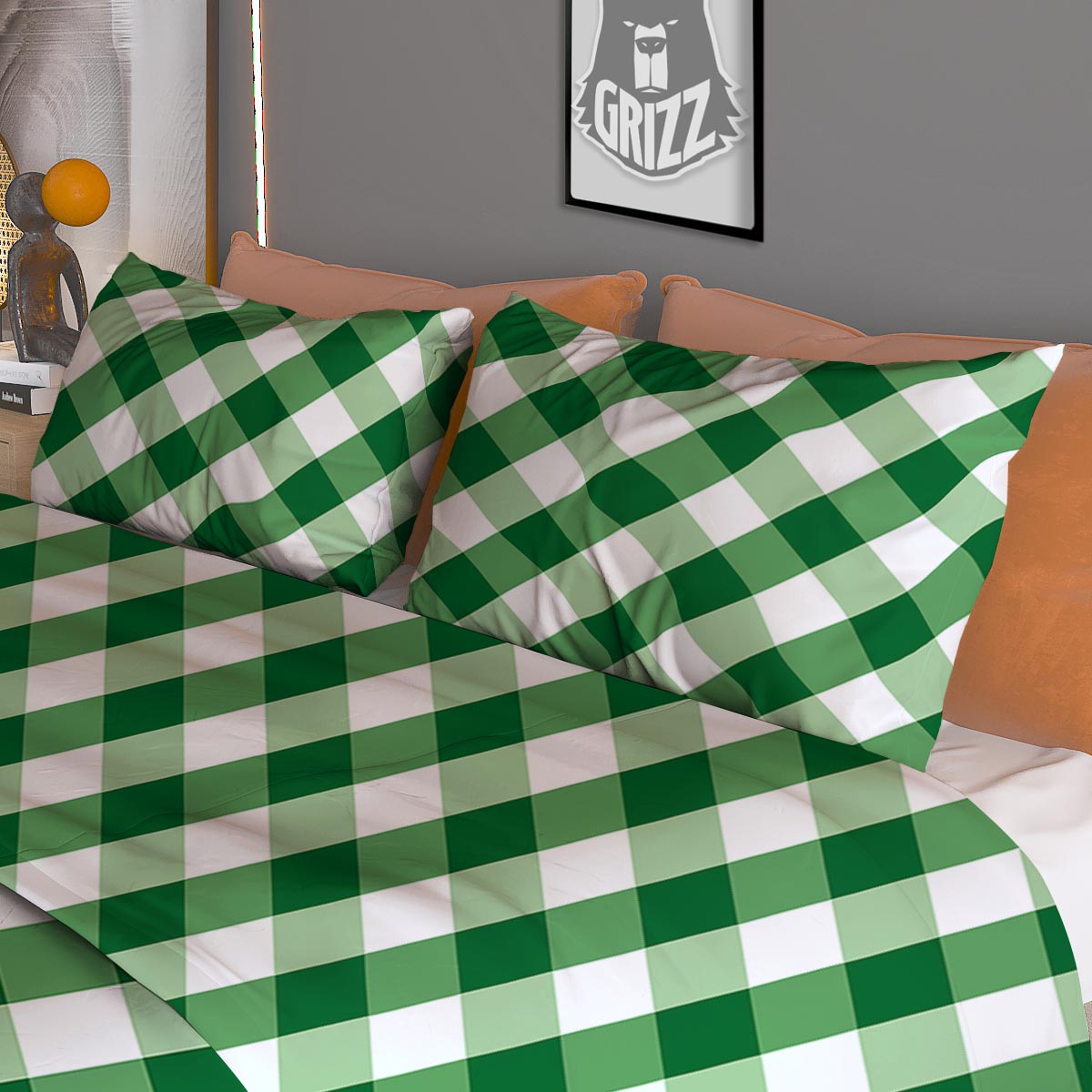White Gingham And Green Shamrock Print Pattern Duvet Cover Bedding Set