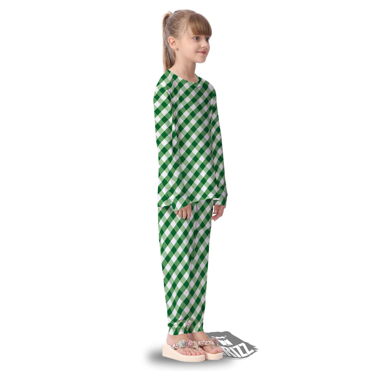 White Gingham And Green Shamrock Print Pattern Kid's Pajamas-grizzshop