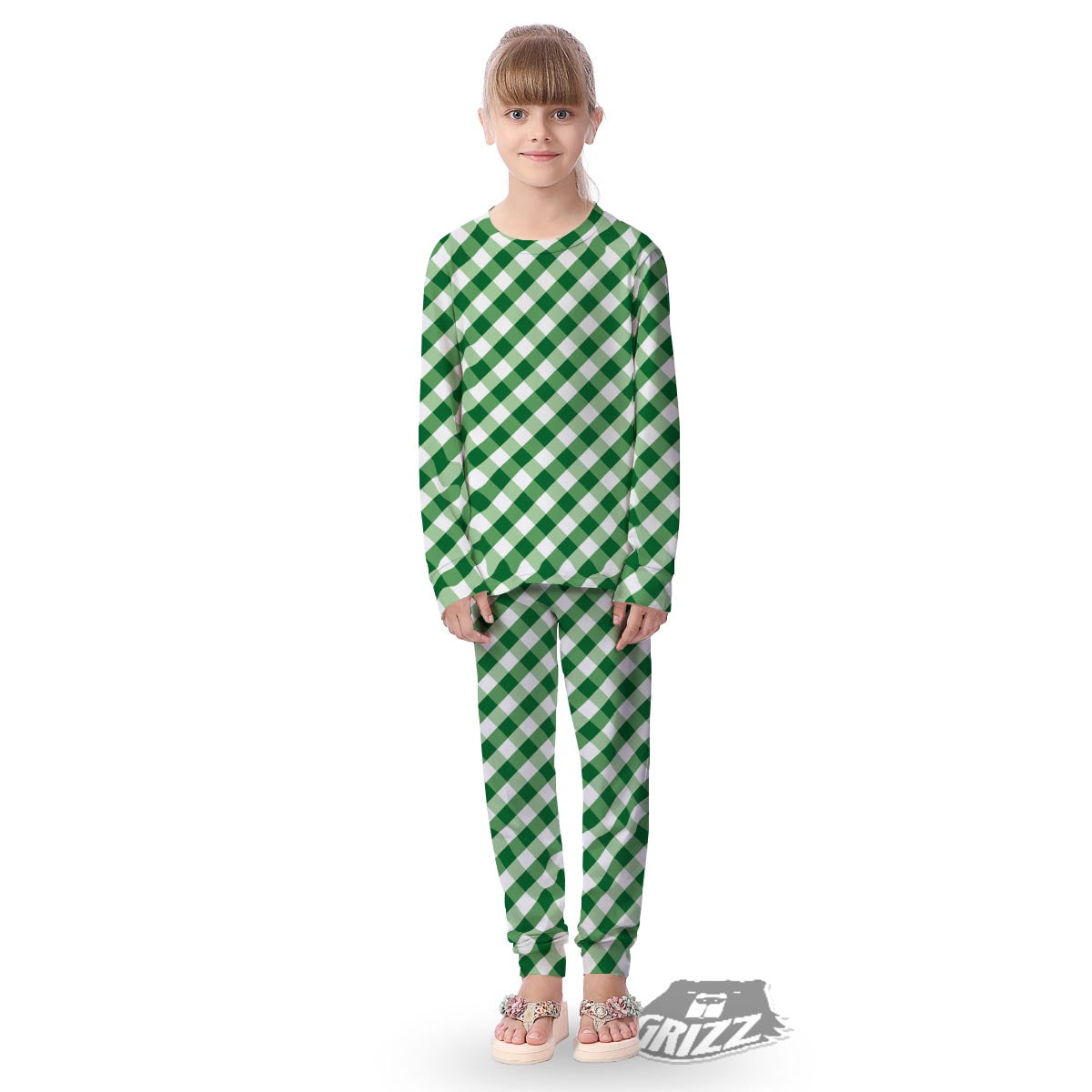 White Gingham And Green Shamrock Print Pattern Kid's Pajamas-grizzshop