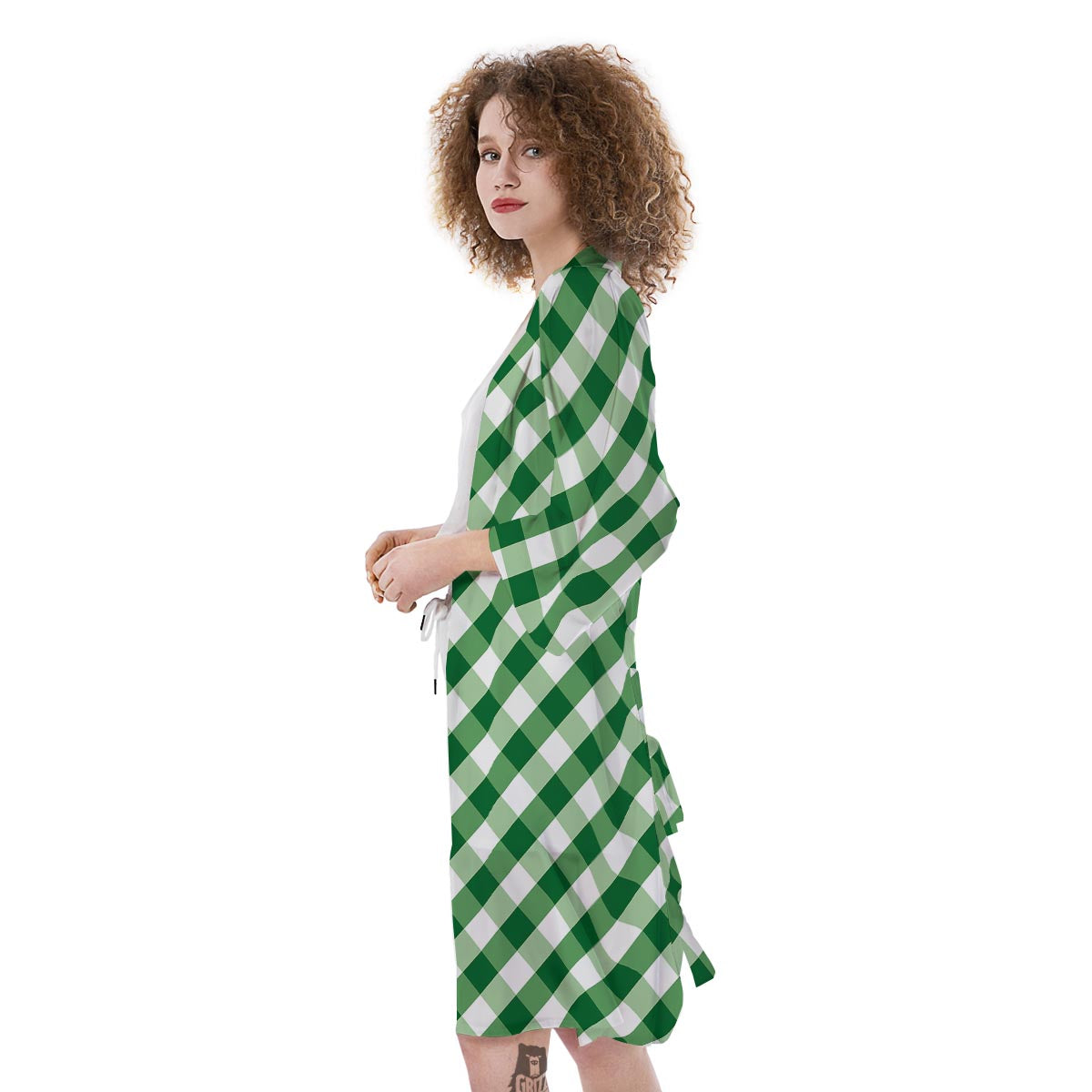 White Gingham And Green Shamrock Print Pattern Kimono-grizzshop