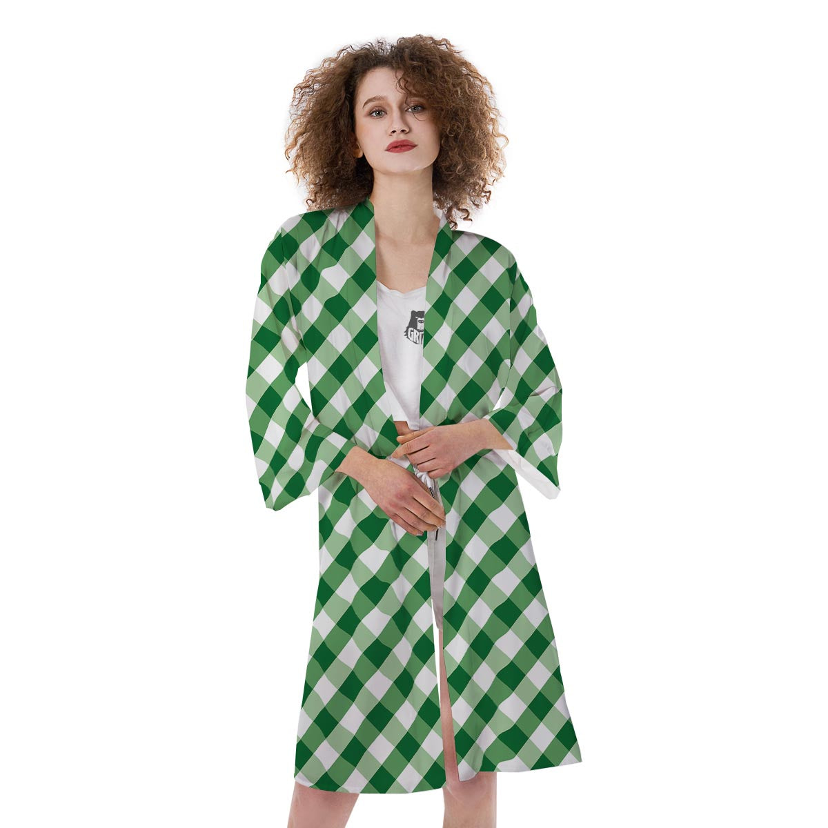 White Gingham And Green Shamrock Print Pattern Kimono-grizzshop