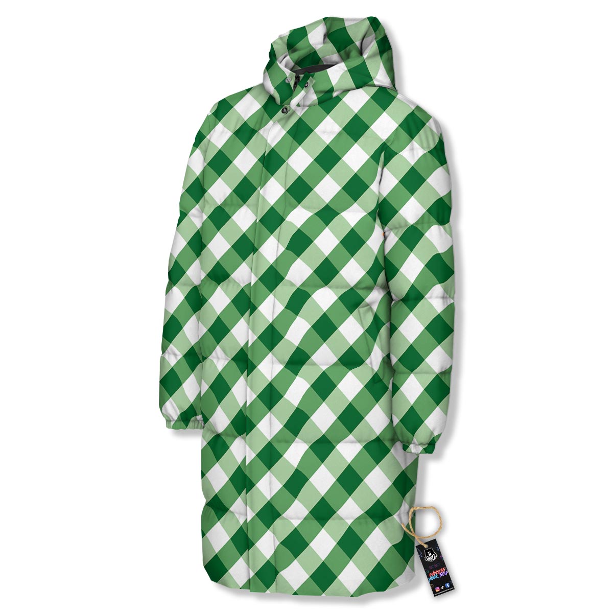 White Gingham And Green Shamrock Print Pattern Long Down Jacket-grizzshop
