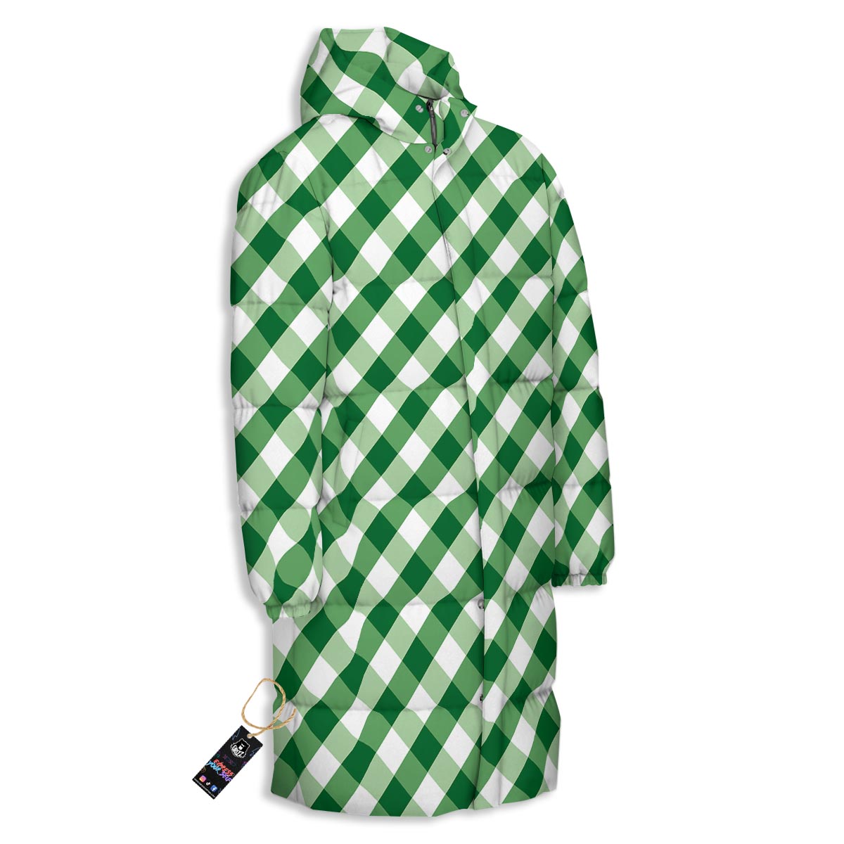 White Gingham And Green Shamrock Print Pattern Long Down Jacket-grizzshop