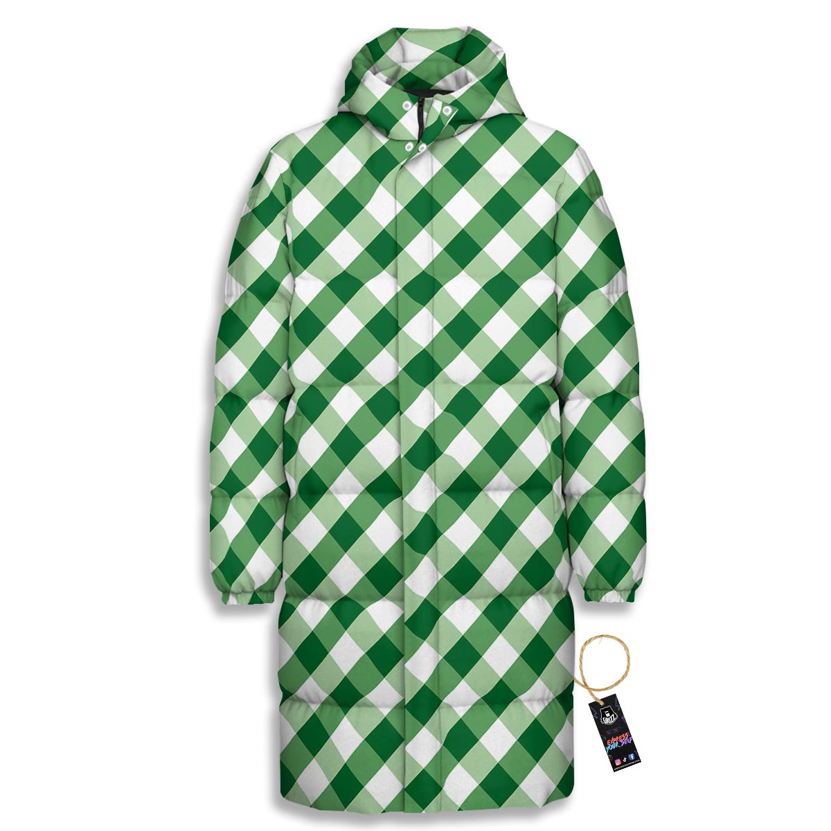 White Gingham And Green Shamrock Print Pattern Long Down Jacket-grizzshop