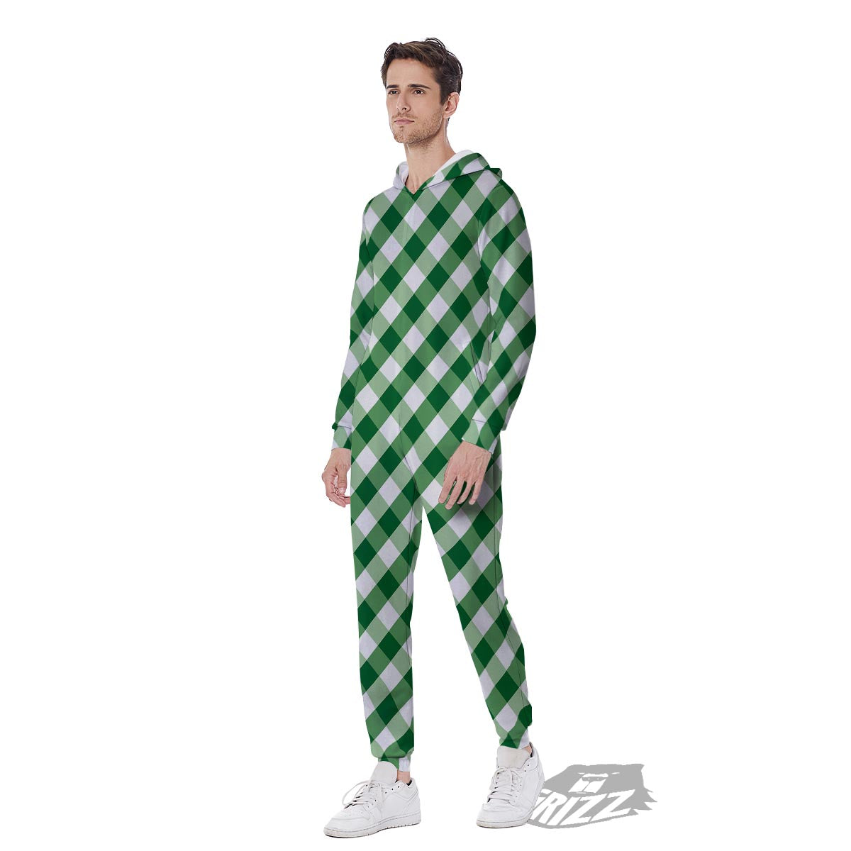 White Gingham And Green Shamrock Print Pattern Men's Jumpsuit-grizzshop