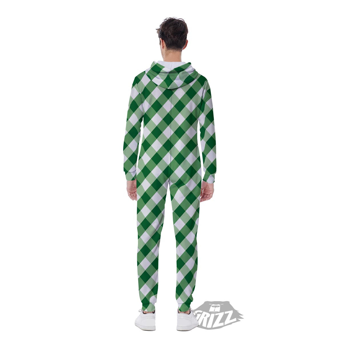 White Gingham And Green Shamrock Print Pattern Men's Jumpsuit-grizzshop