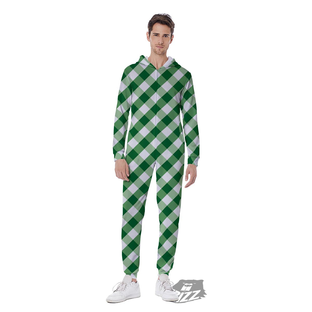 White Gingham And Green Shamrock Print Pattern Men's Jumpsuit-grizzshop
