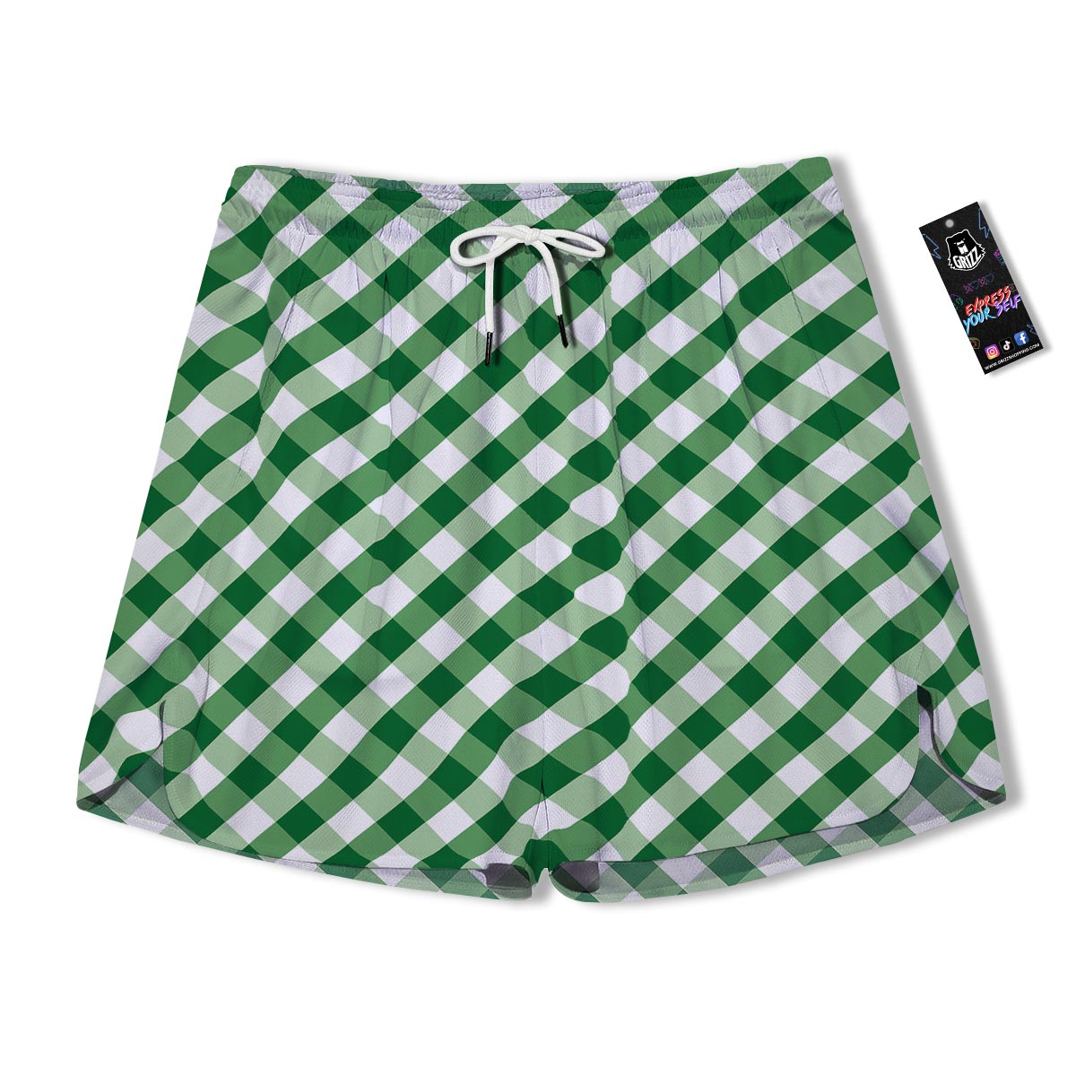 White Gingham And Green Shamrock Print Pattern Men's Running Shorts-grizzshop
