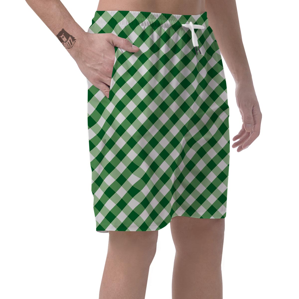 White Gingham And Green Shamrock Print Pattern Men's Shorts-grizzshop