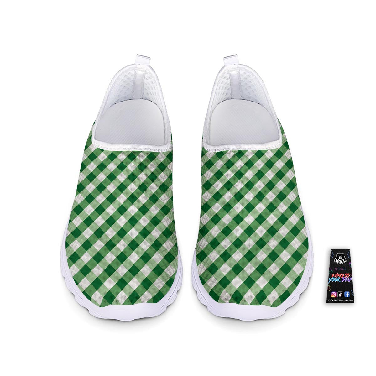 White Gingham And Green Shamrock Print Pattern Nurse Shoes-grizzshop