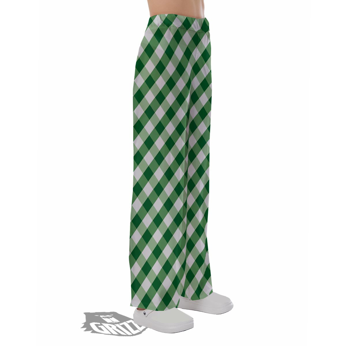 White Gingham And Green Shamrock Print Pattern Pajama Pants-grizzshop