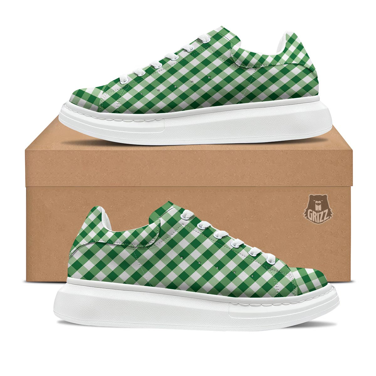 White Gingham And Green Shamrock Print Pattern Platform Shoes-grizzshop