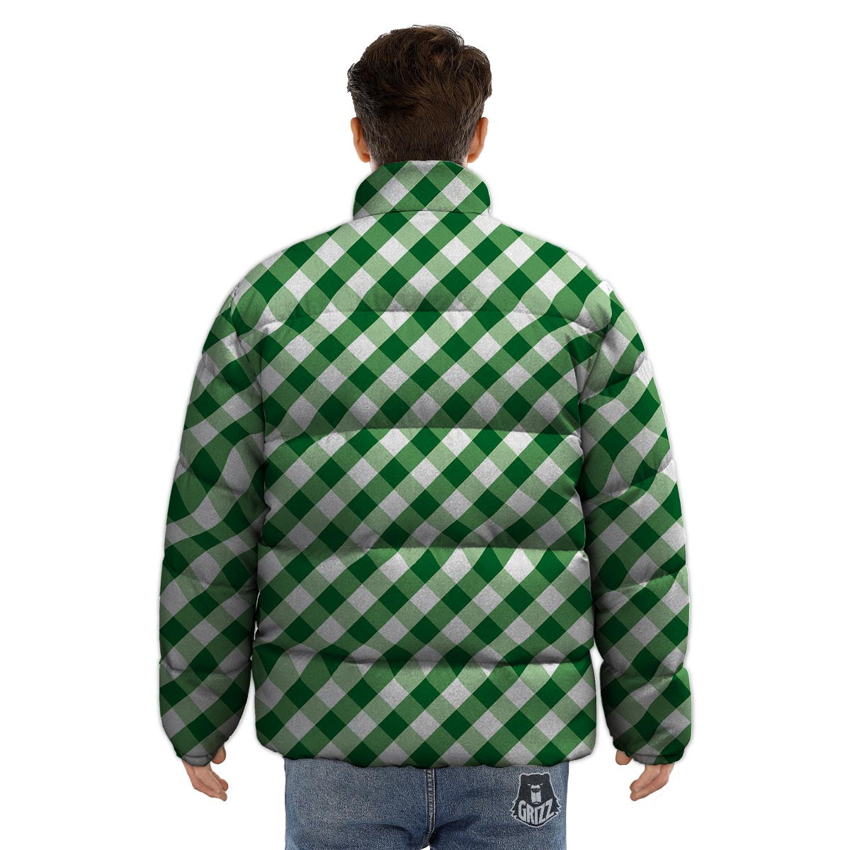White Gingham And Green Shamrock Print Pattern Puffer Jacket-grizzshop