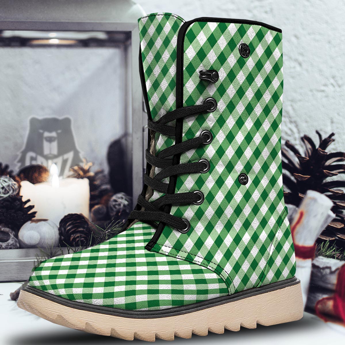 White Gingham And Green Shamrock Print Pattern Snow Boots-grizzshop