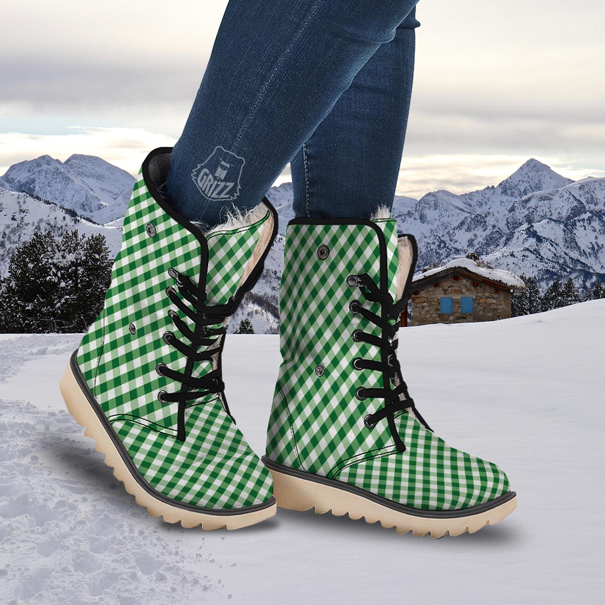 White Gingham And Green Shamrock Print Pattern Snow Boots-grizzshop