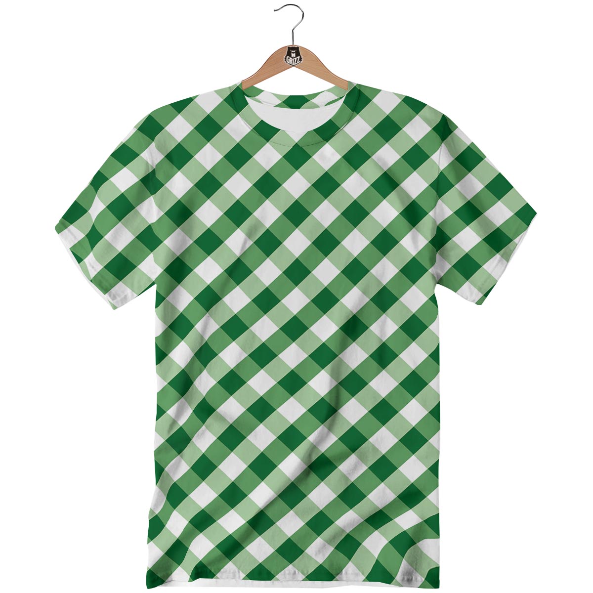 White Gingham And Green Shamrock Print Pattern T-Shirt-grizzshop