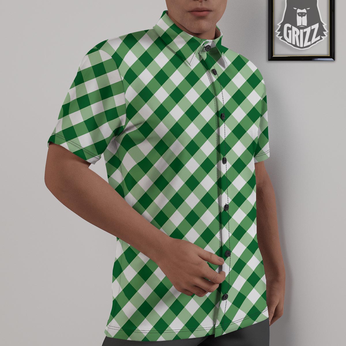 White Gingham And Green Shamrock Print Pattern Untucked Shirts-grizzshop