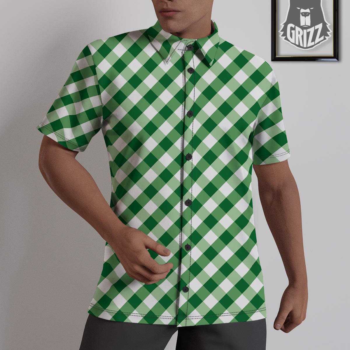 White Gingham And Green Shamrock Print Pattern Untucked Shirts-grizzshop