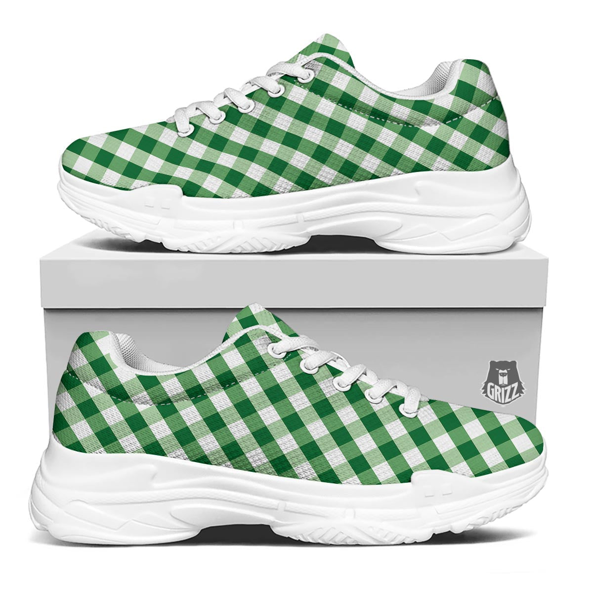 White Gingham And Green Shamrock Print Pattern White Chunky Shoes-grizzshop