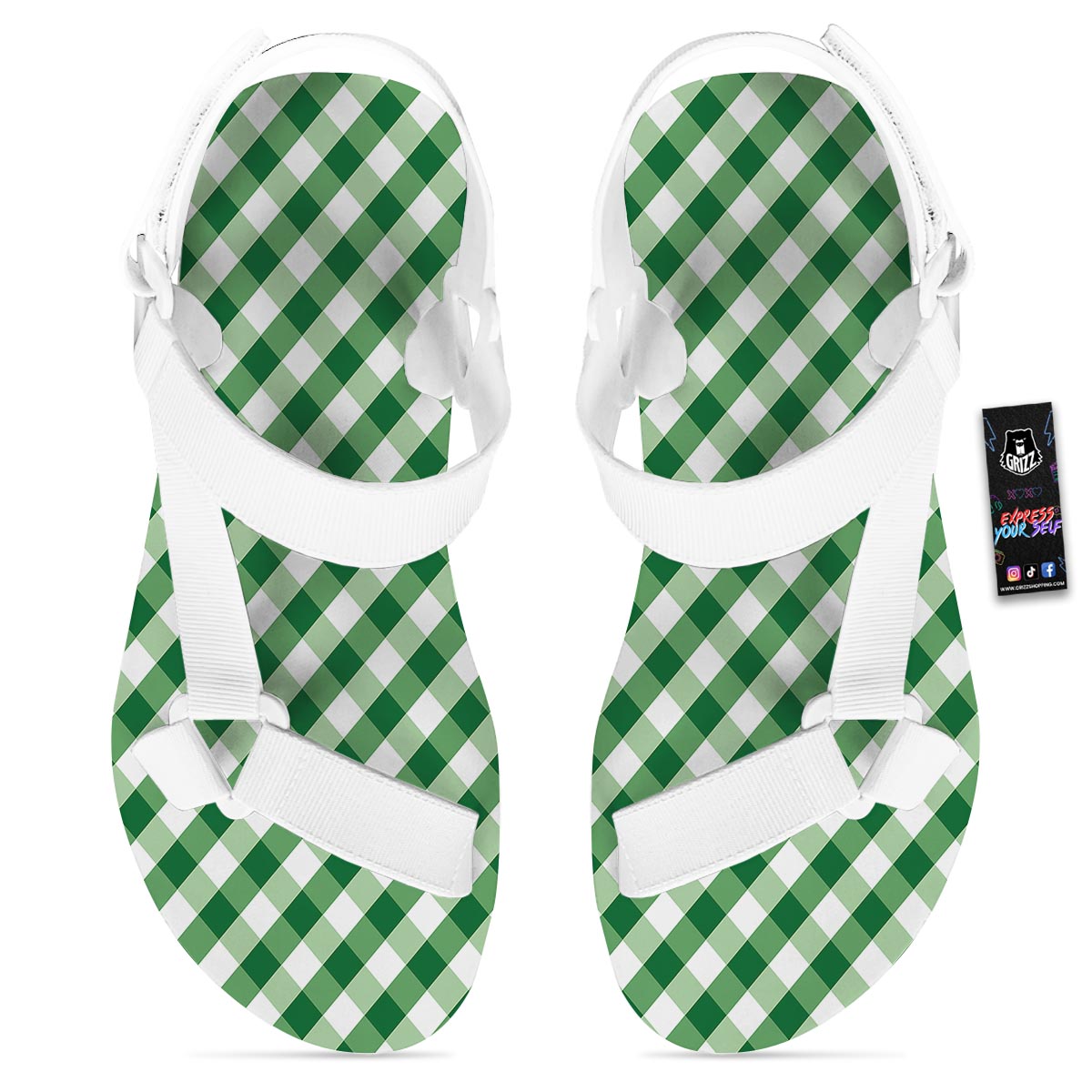 White Gingham And Green Shamrock Print Pattern White Open Toe Sandals-grizzshop