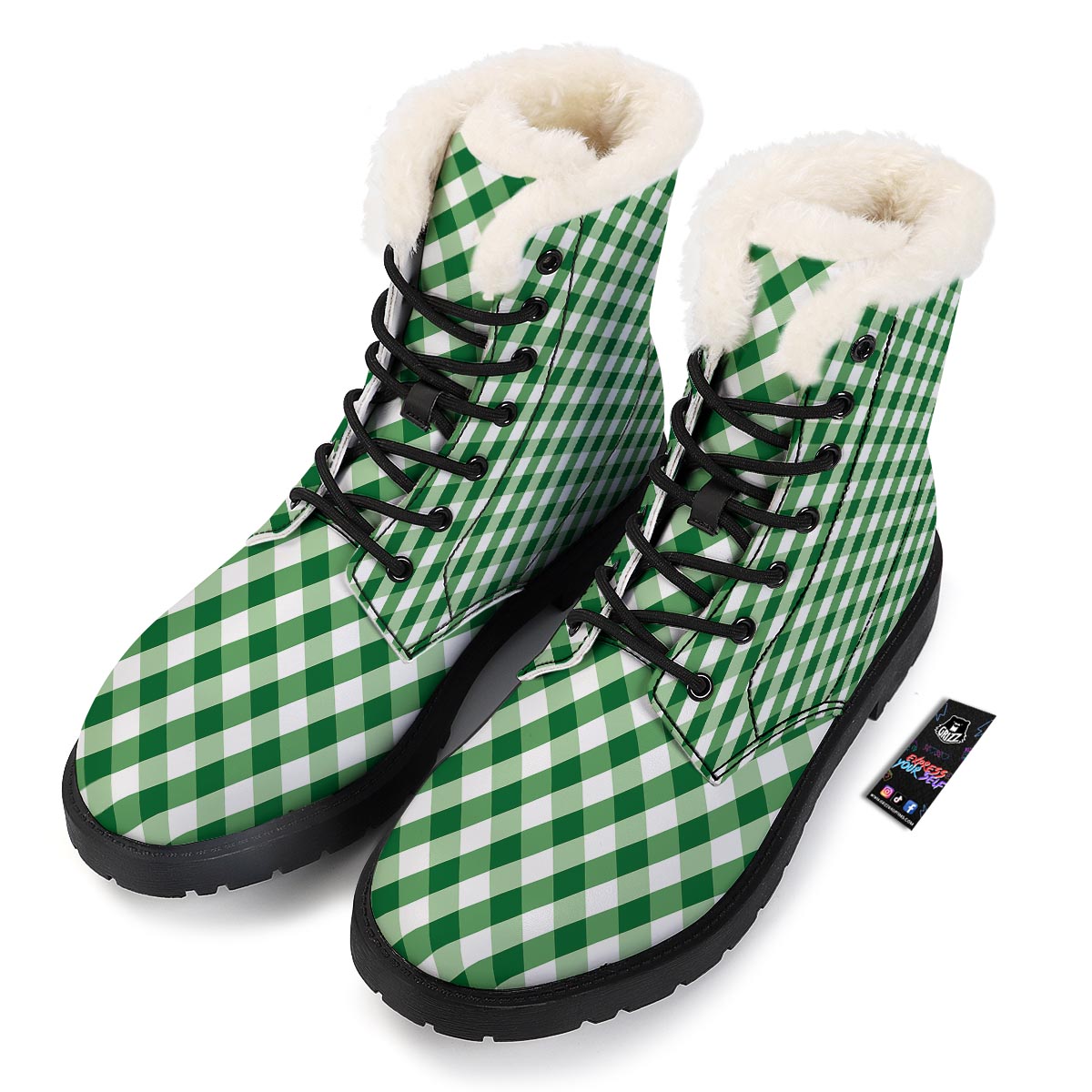 White Gingham And Green Shamrock Print Pattern Winter Boots-grizzshop
