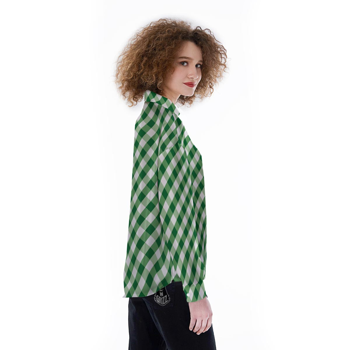 White Gingham And Green Shamrock Print Pattern Women's Long Sleeve Shirts-grizzshop
