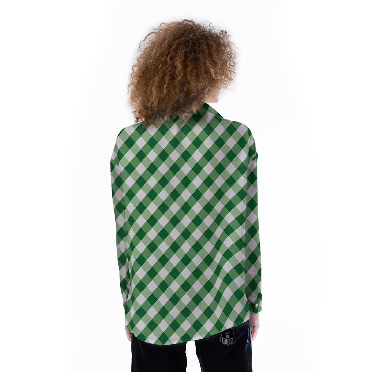 White Gingham And Green Shamrock Print Pattern Women's Long Sleeve Shirts-grizzshop